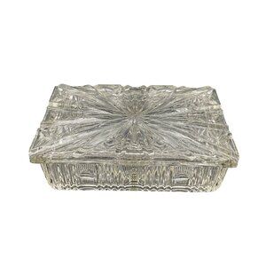 Vtg Rectangular Clear Glass Divided Trinket Dish With Lid 6.5"L x 4.5"W x 2"H